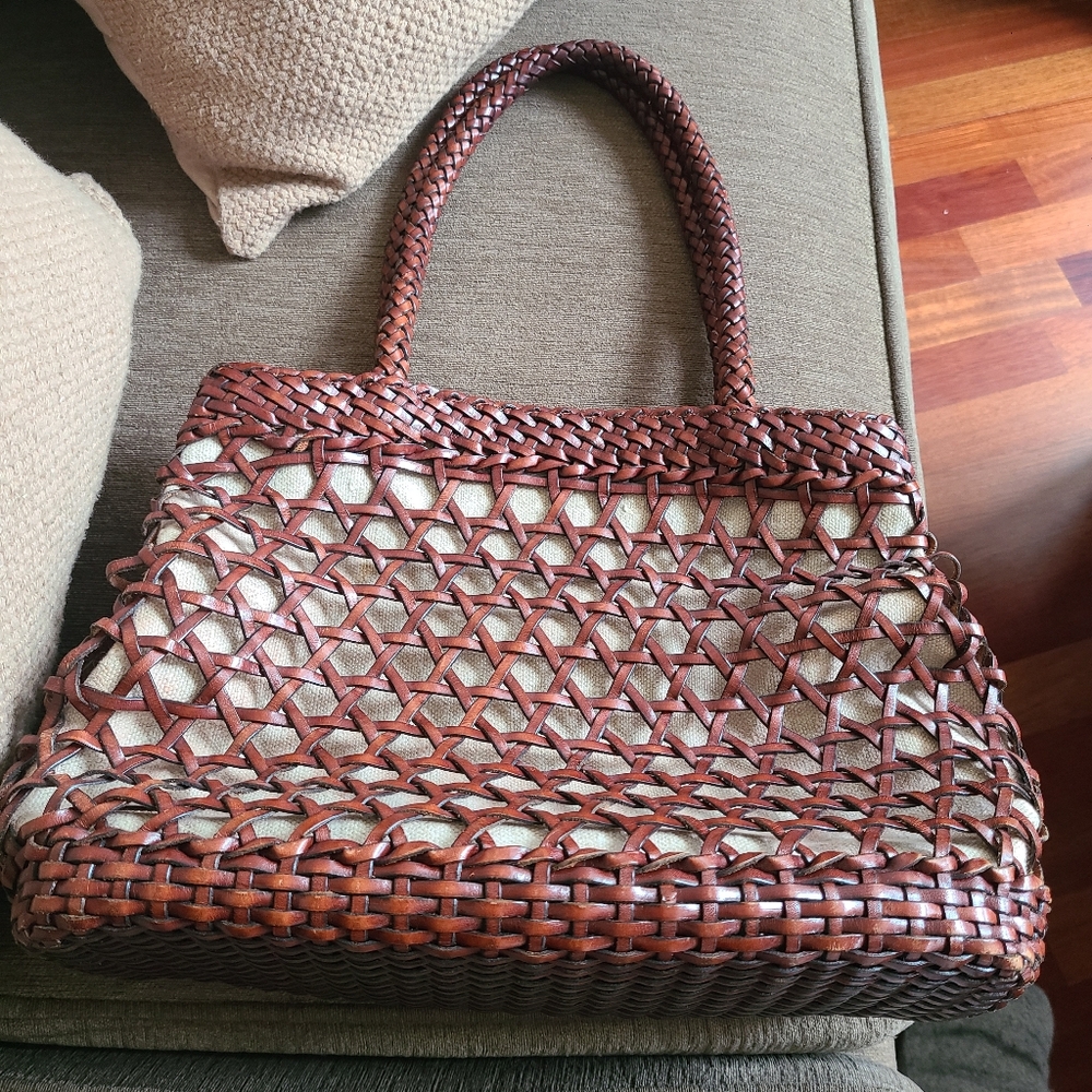 Vintage Talbots Bohemian Tote Bag Leather & Linen Basket Weave  Brown & Beige